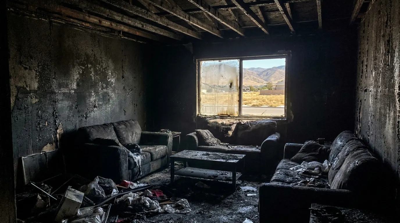 Living room with severe fire damage and charred walls before restoration