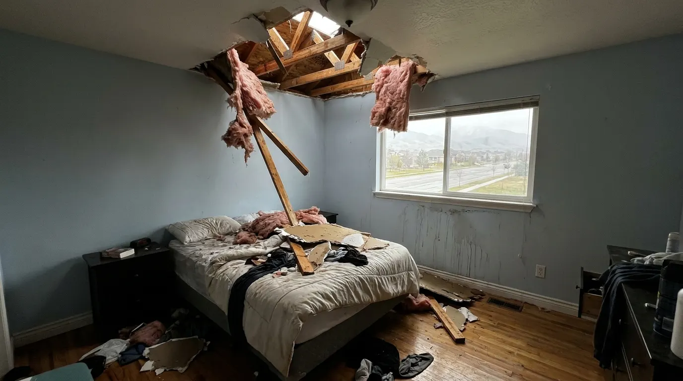 Bedroom with collapsed ceiling and storm debris before repair